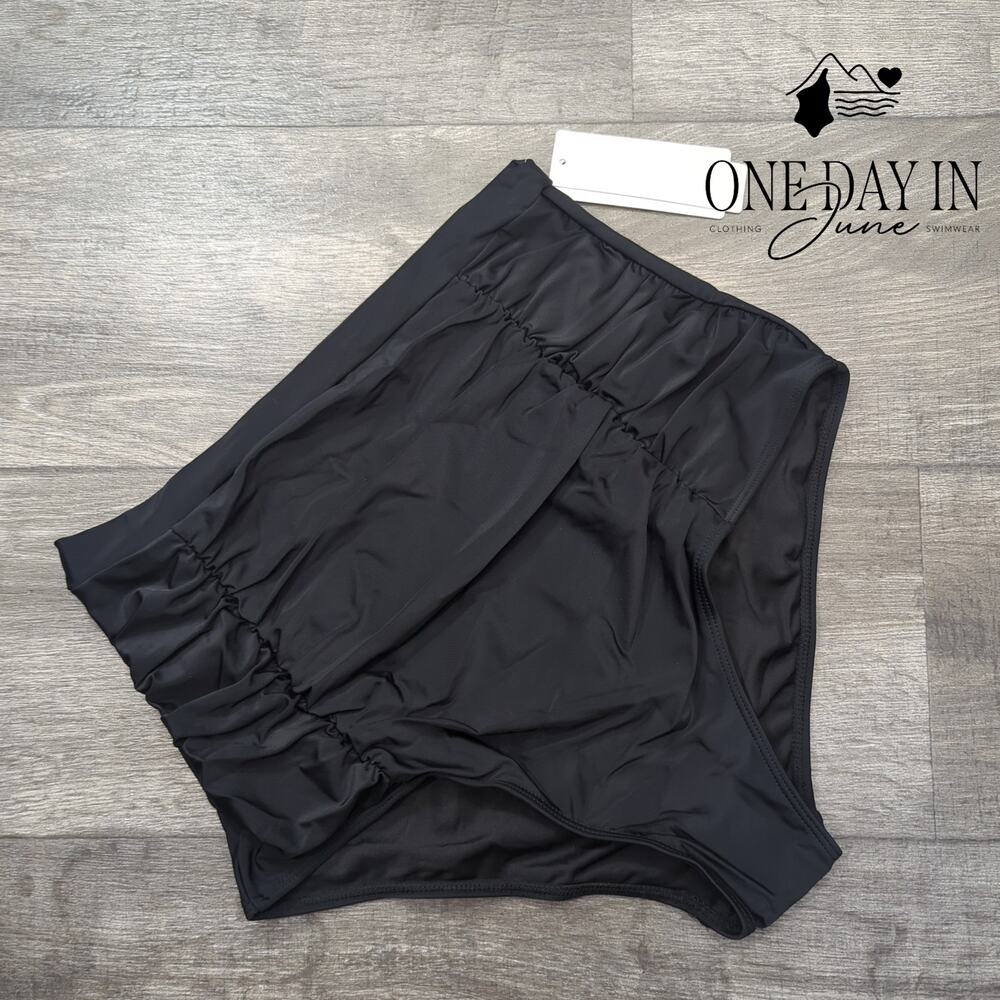 Cocopear High Waist Ruched Bikini Bottom Black Full Coverage NWT Size XL